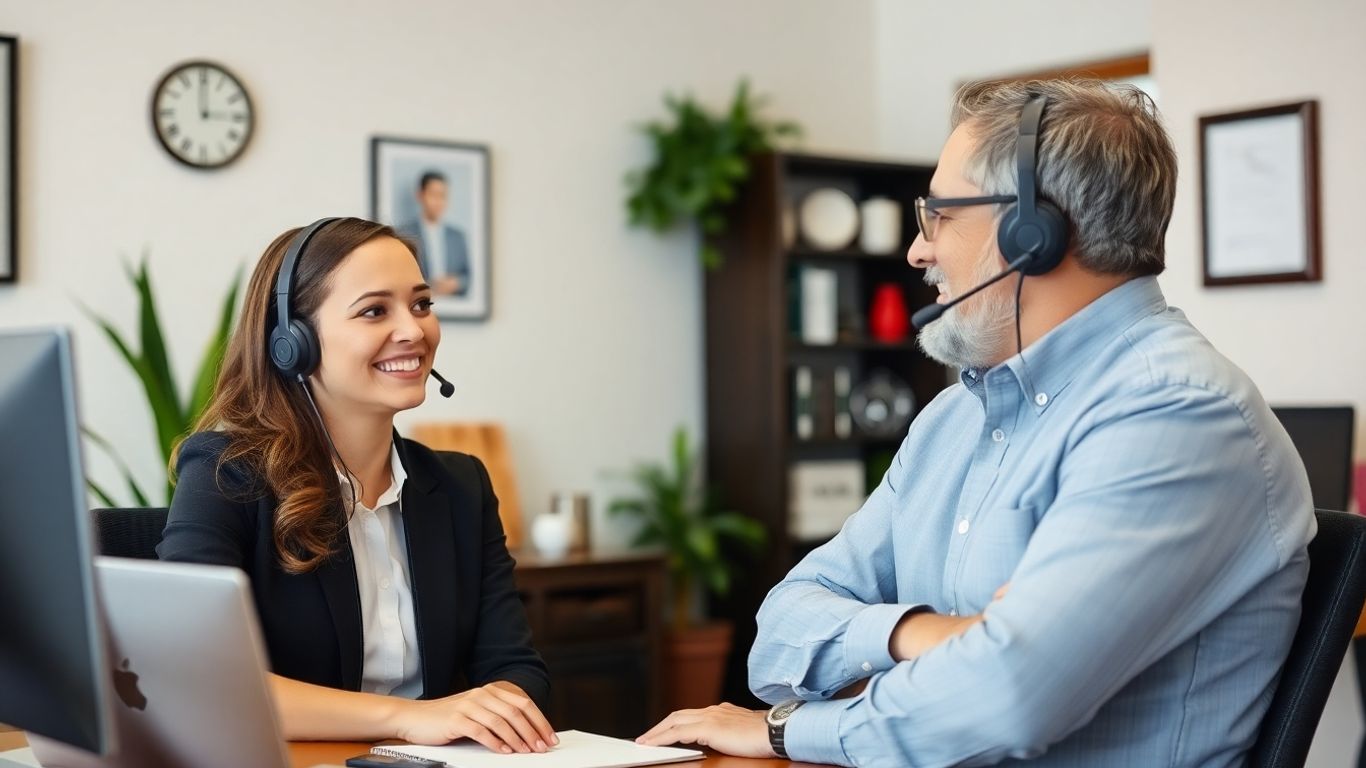 Friendly agent helping local business owner in office