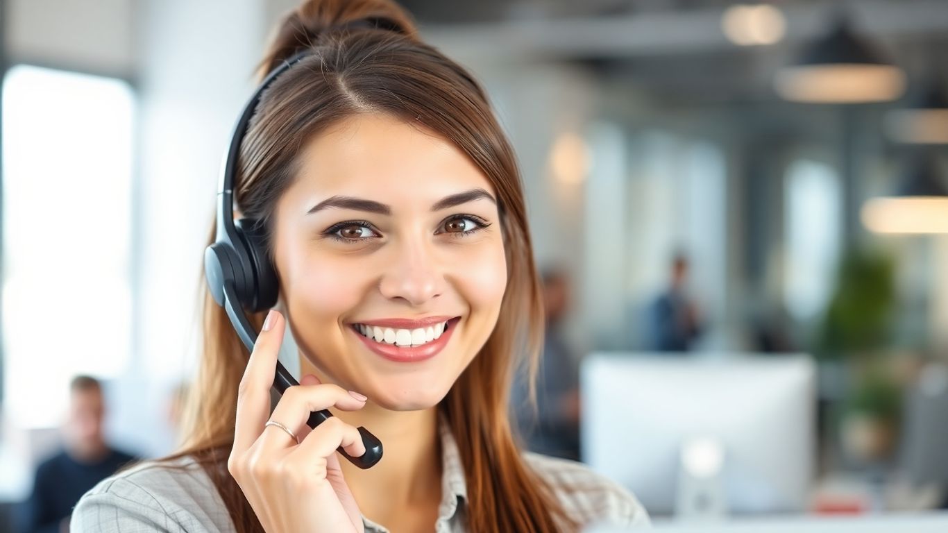 Customer support agent answering phone in professional office