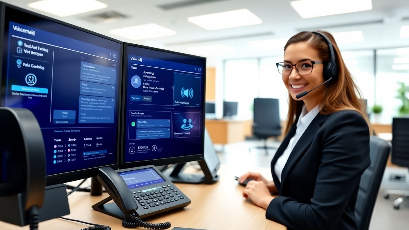 Office receptionist with headset managing digital voicemails