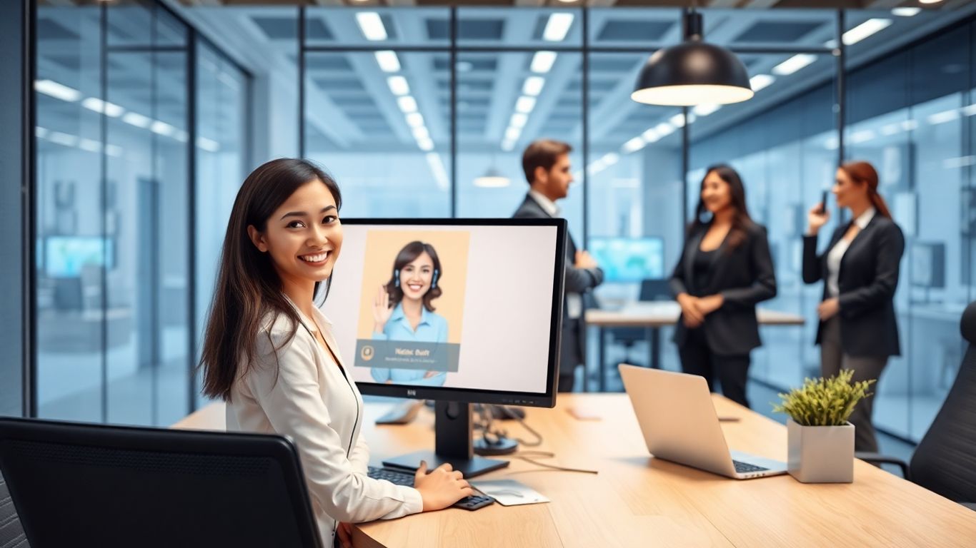 Virtual receptionist assisting professionals in modern office setting.