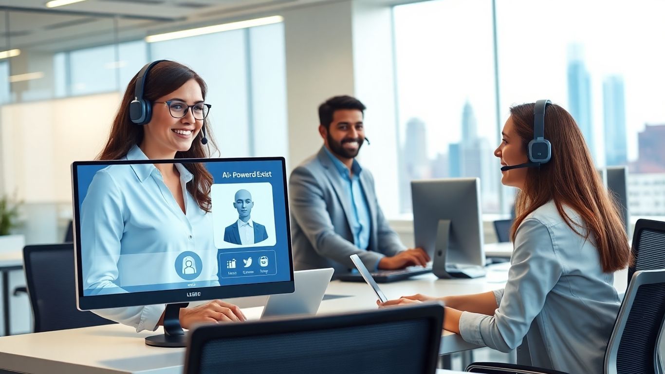 AI receptionist assists business team in modern office