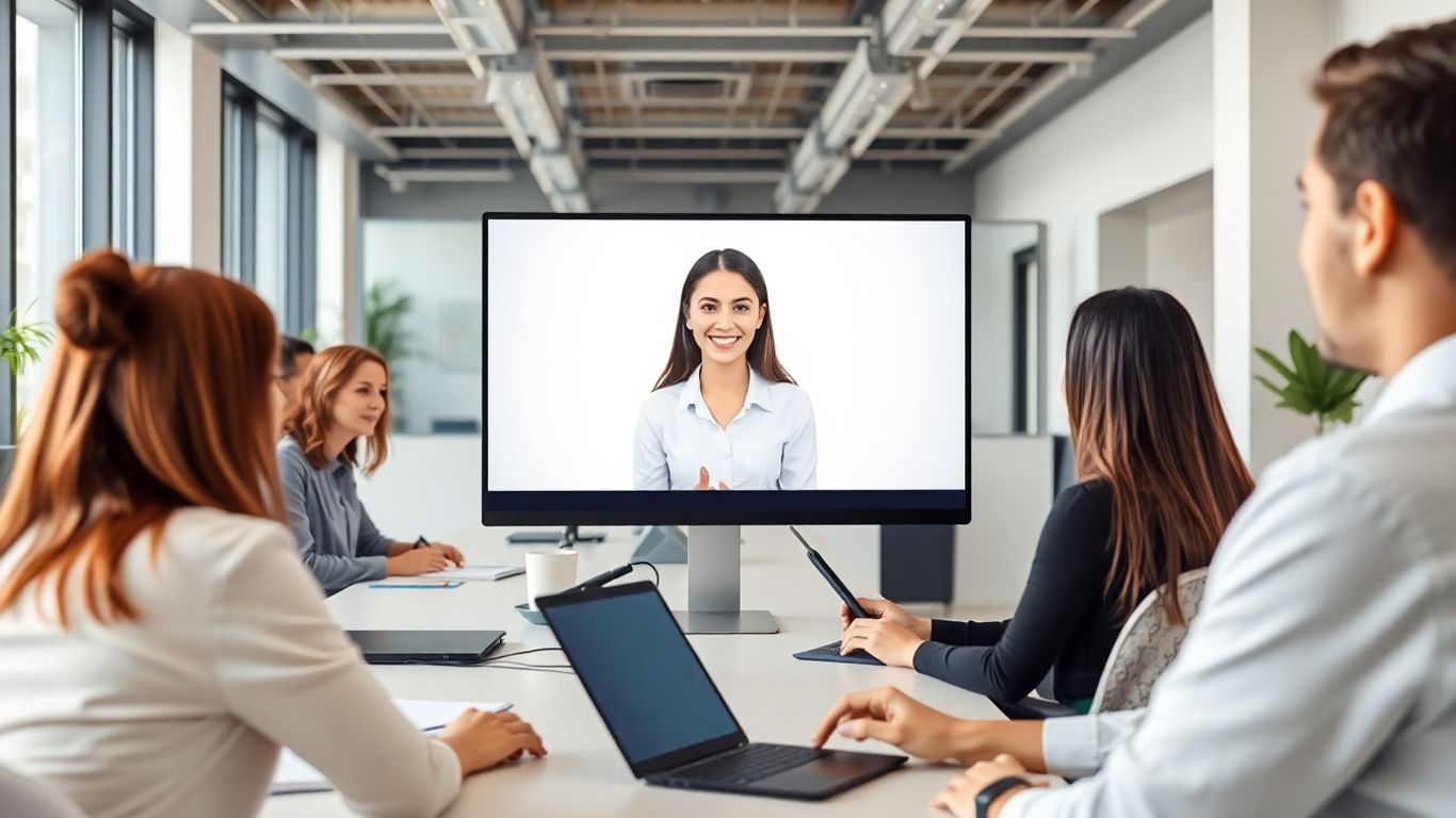 Virtual receptionist assisting professionals in a modern office