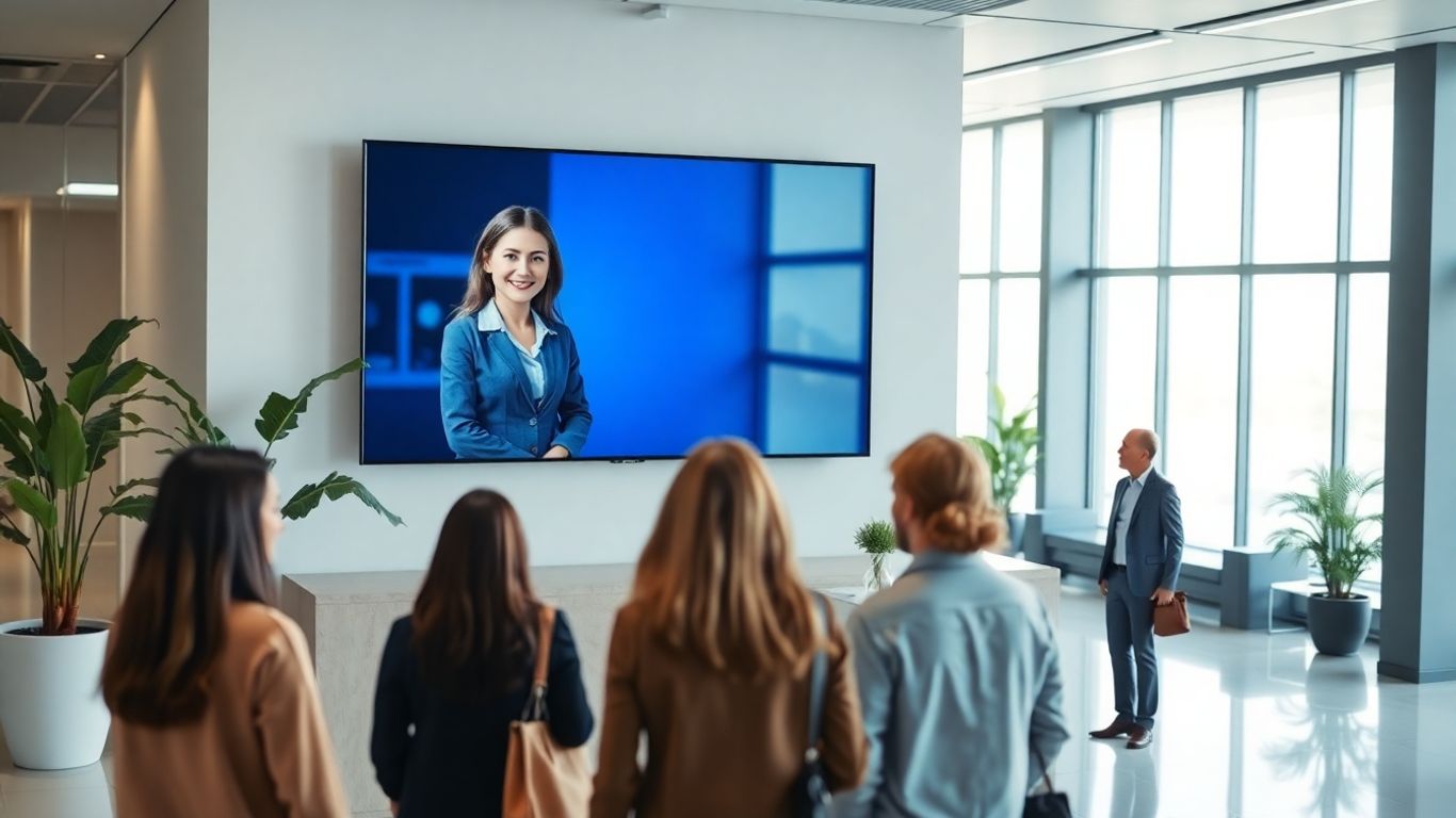 Virtual receptionist greeting visitors in modern office lobby