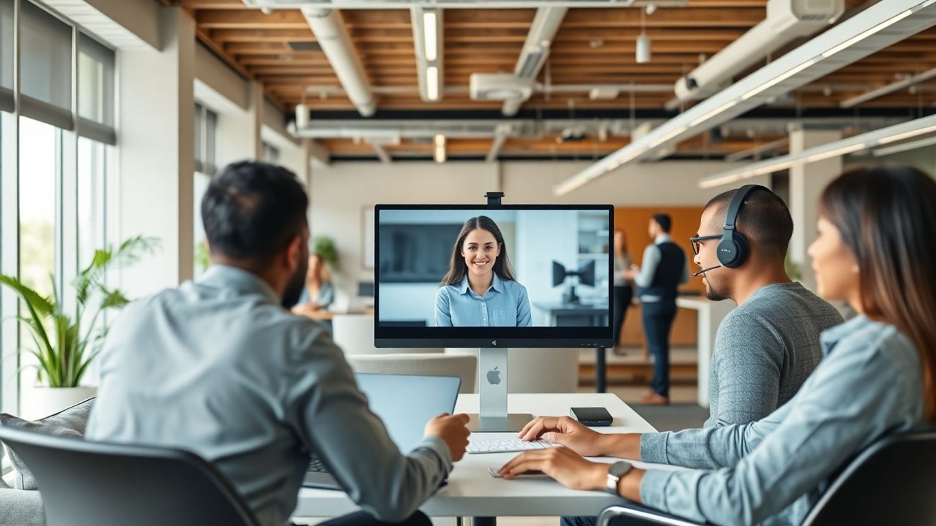 Virtual receptionist assisting hybrid team in modern office
