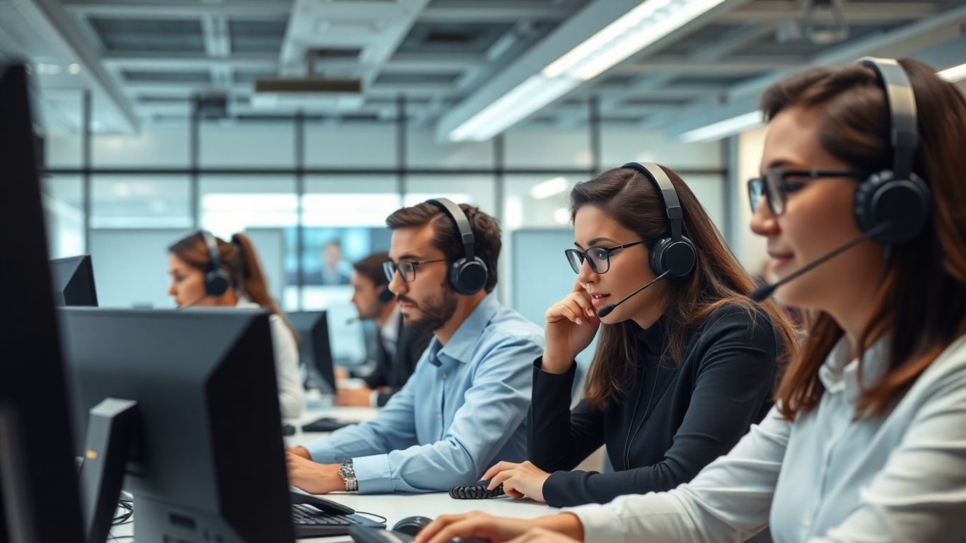 Corporate team handling multiple calls in modern office