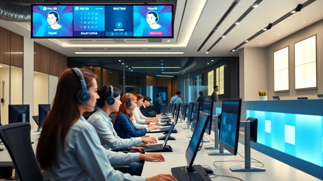 Office workers use headsets and computers in modern call center.
