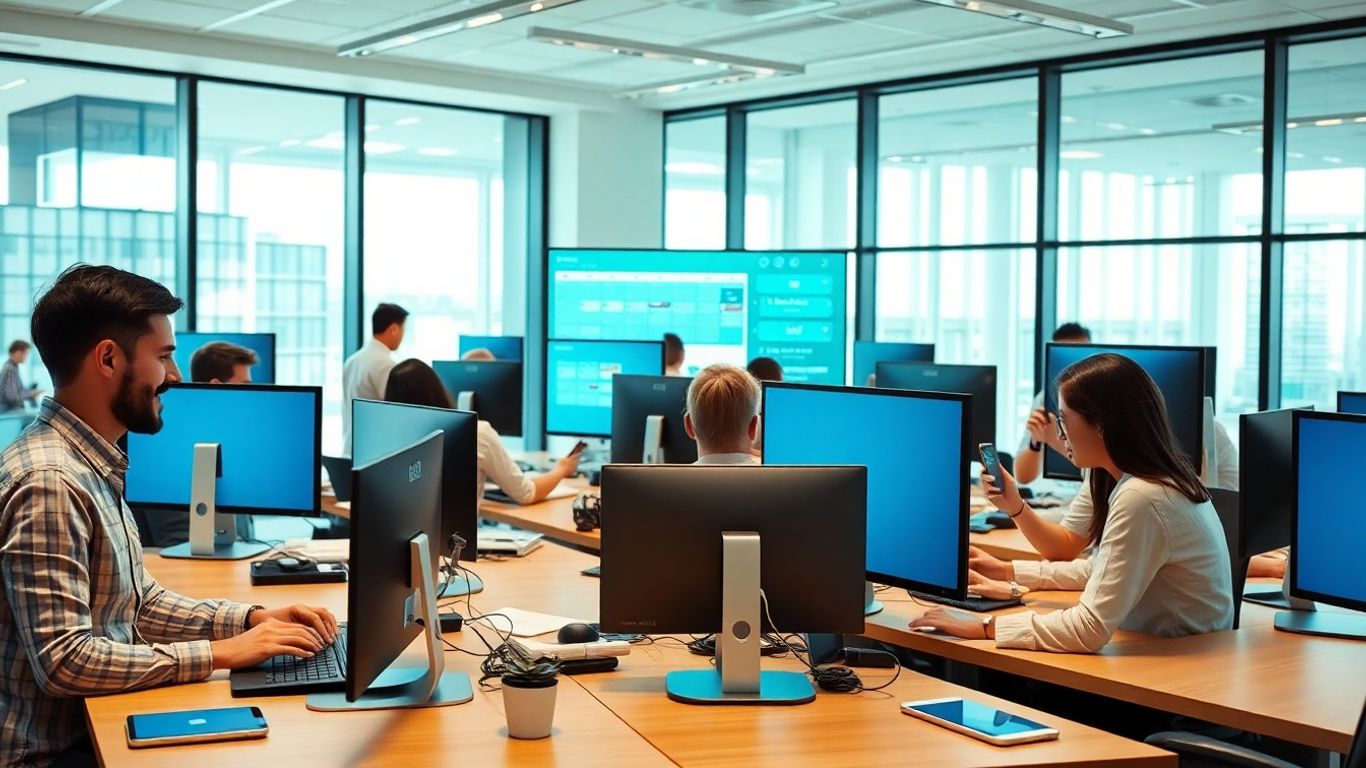 Busy office with digital calendars and business professionals