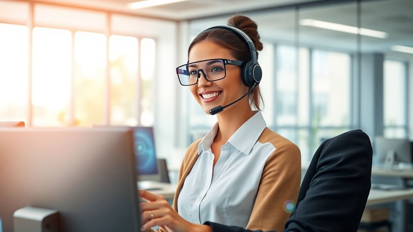 Virtual receptionist with AI computer interface in modern office