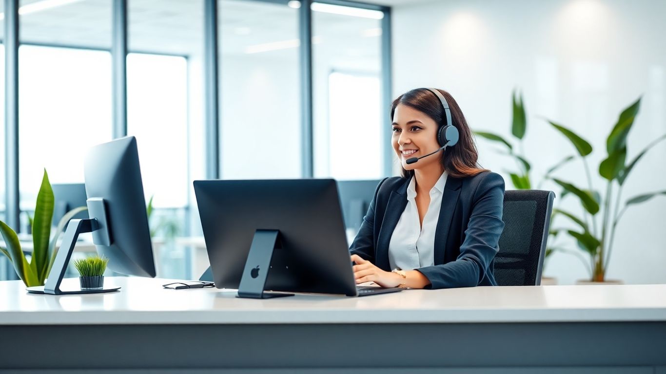 Virtual receptionist answering call in modern office
