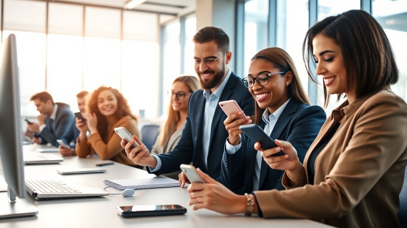 People in office using smartphones for business communication