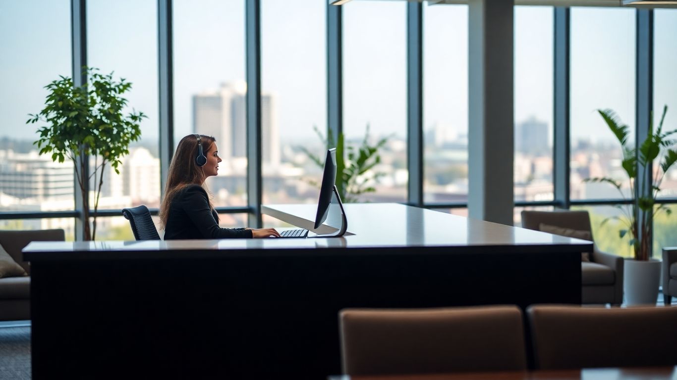 Virtual receptionist at office desk with city background