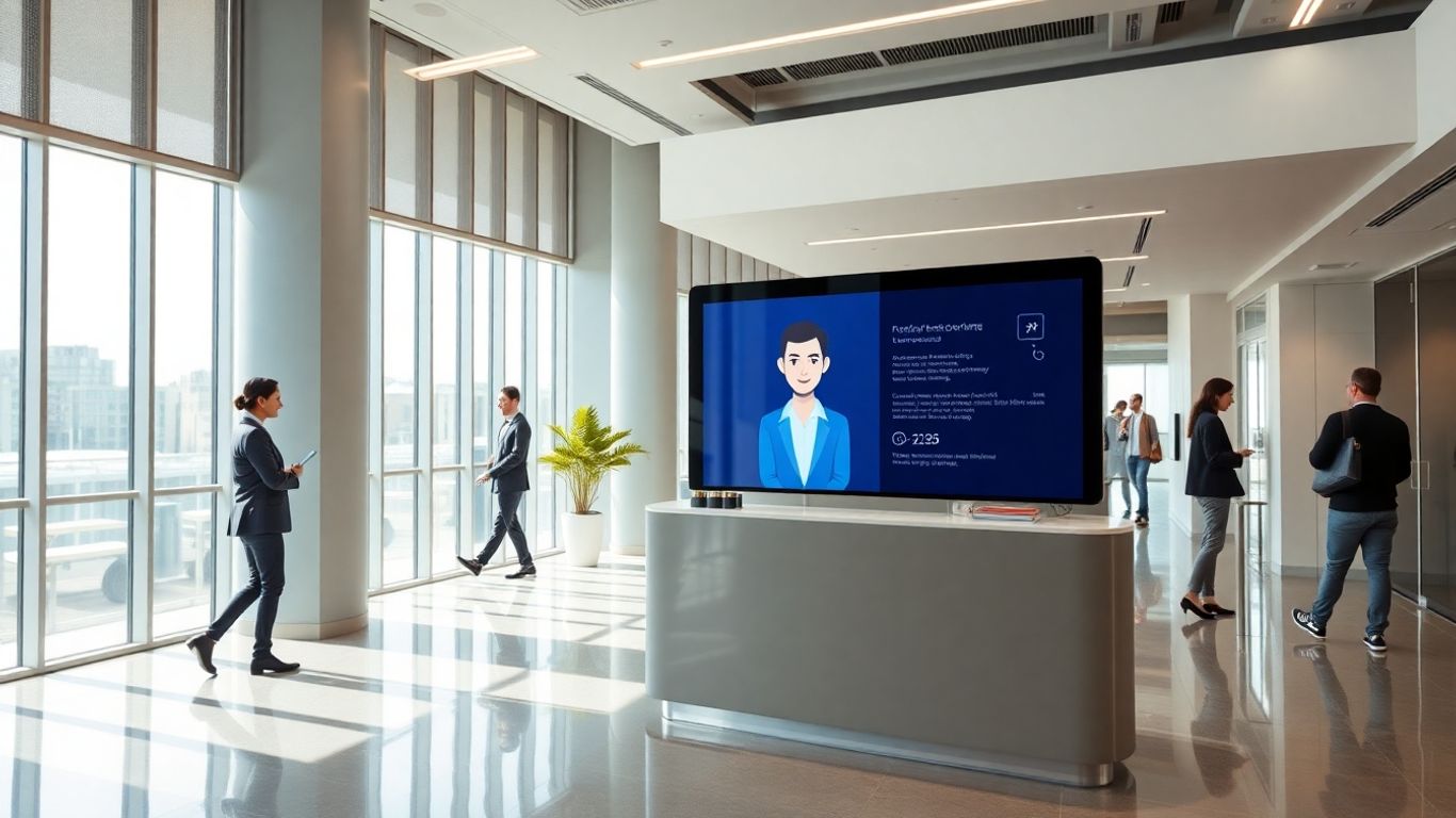 Virtual receptionist greets diverse professionals in modern office