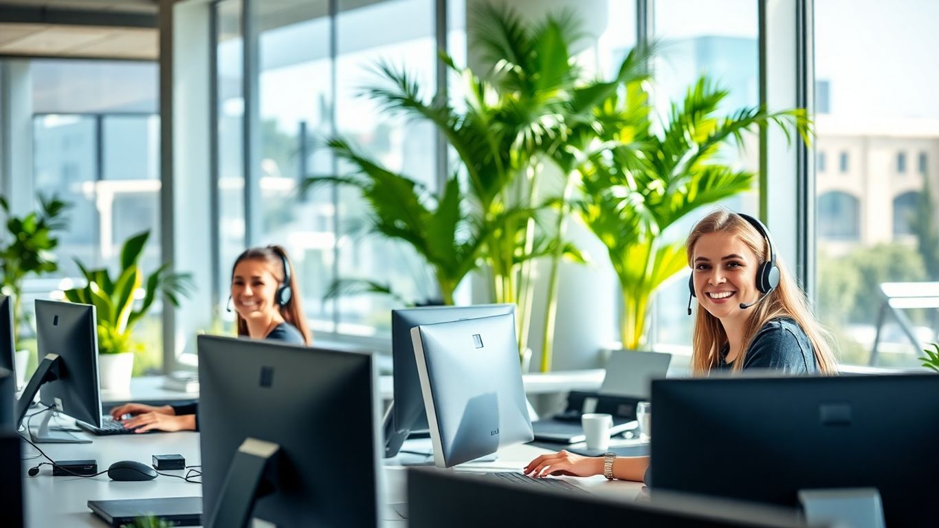 Call center agents in bright Davie office assisting customers