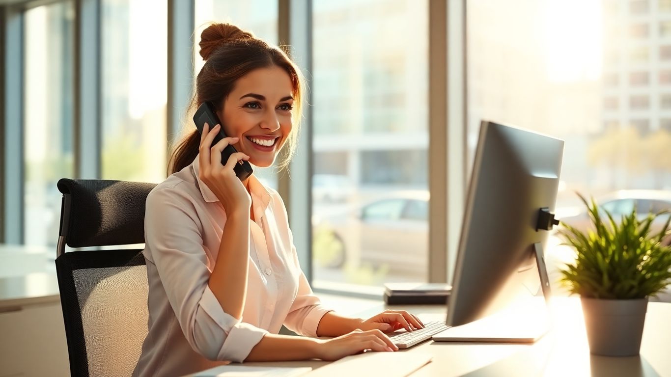 Receptionist answering phone in bright modern office