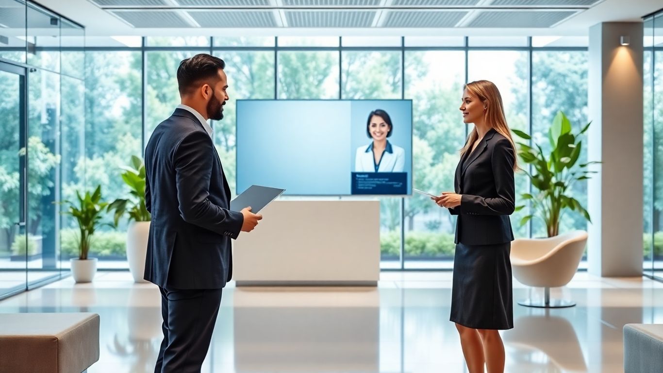 Virtual receptionist greets professional in modern office lobby