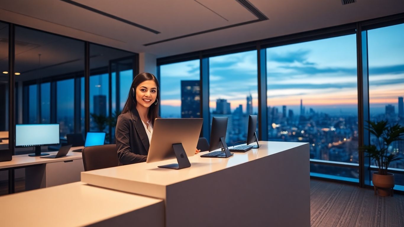 Receptionist with headset in modern office at dusk