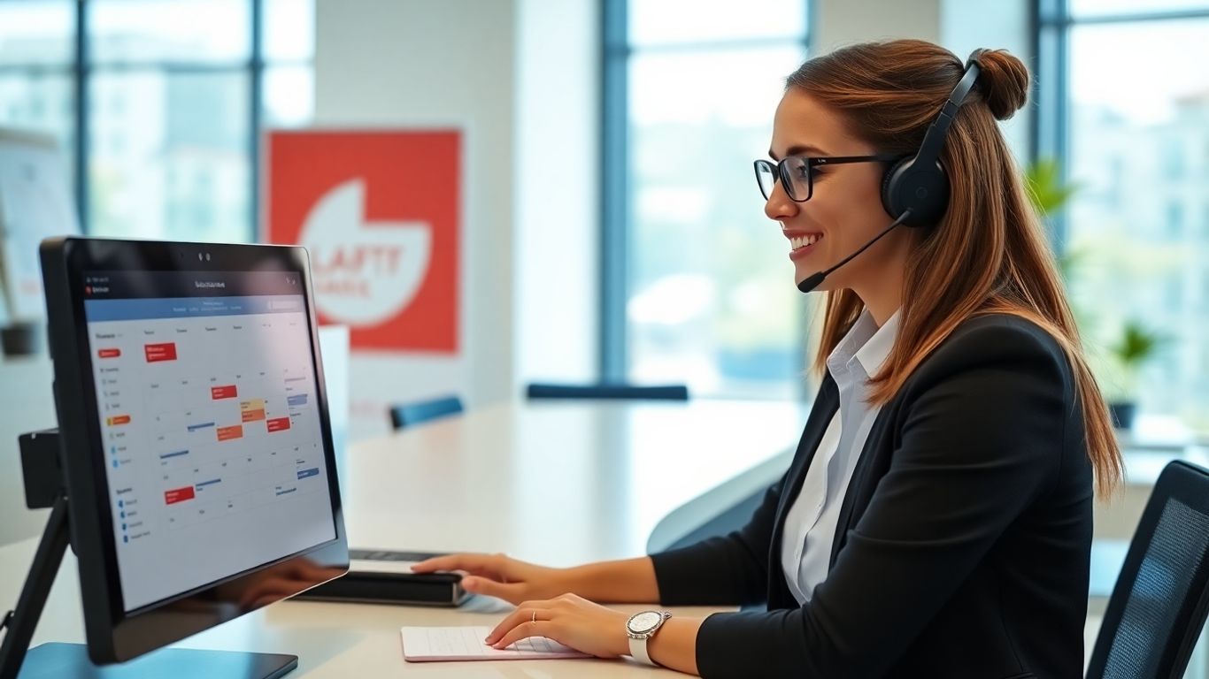 Receptionist with headset managing digital calendar appointments