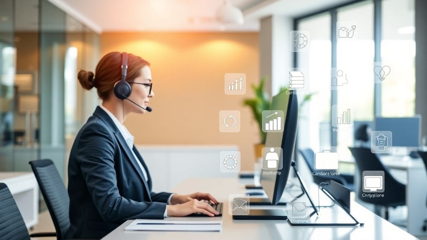 Virtual receptionist at desk with business app icons