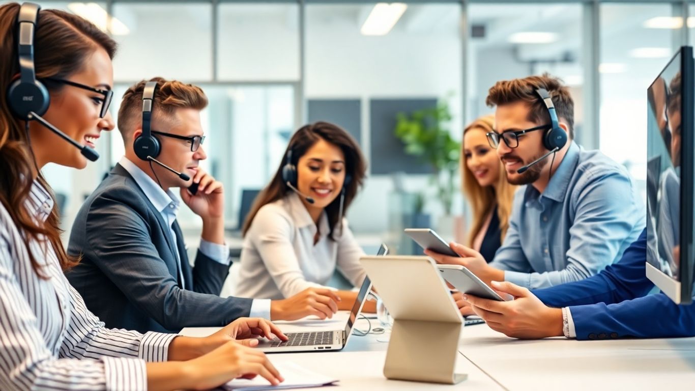 Professionals using devices for client communication in office
