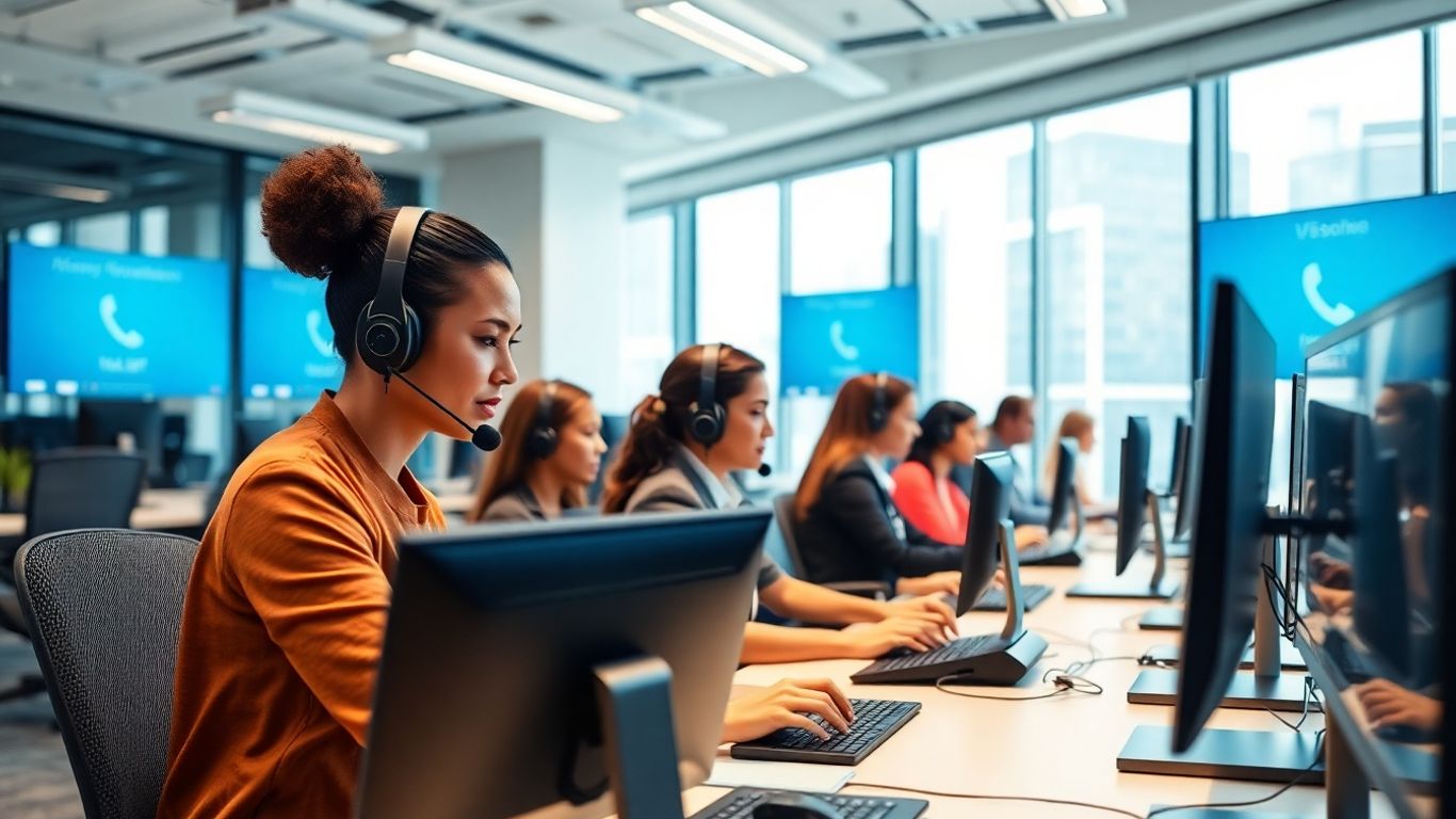 Professional call center agents assisting clients in a modern office.