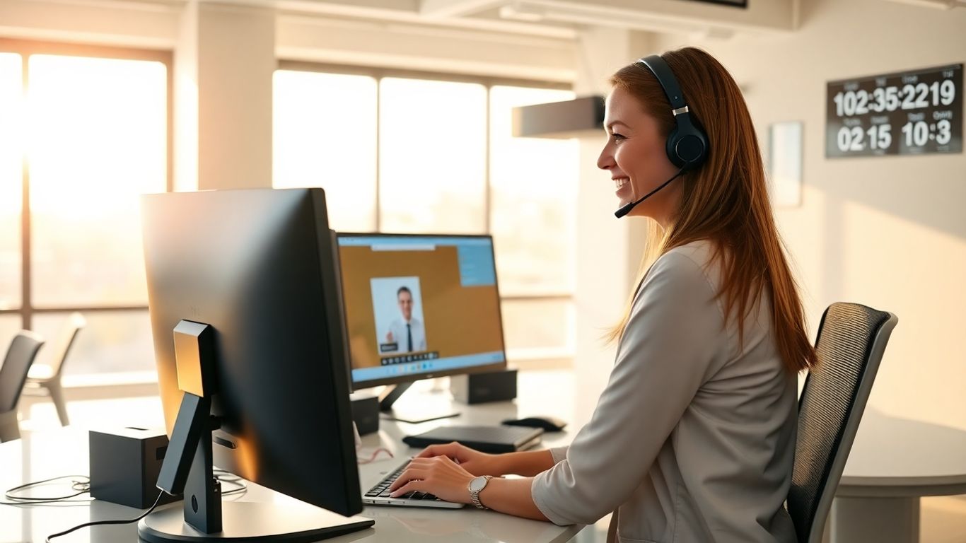 Receptionist assisting business client in modern office.