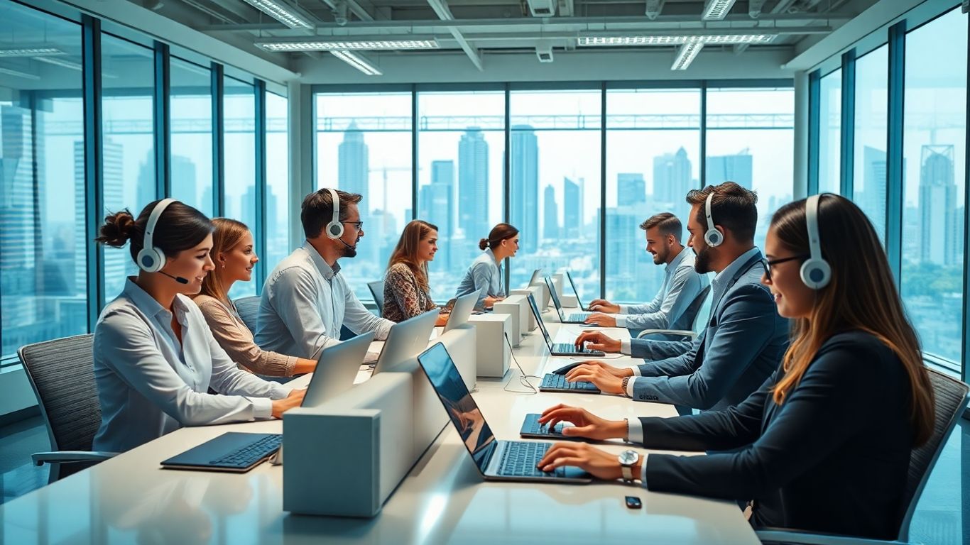 Office workers using headsets in a modern, bright workspace