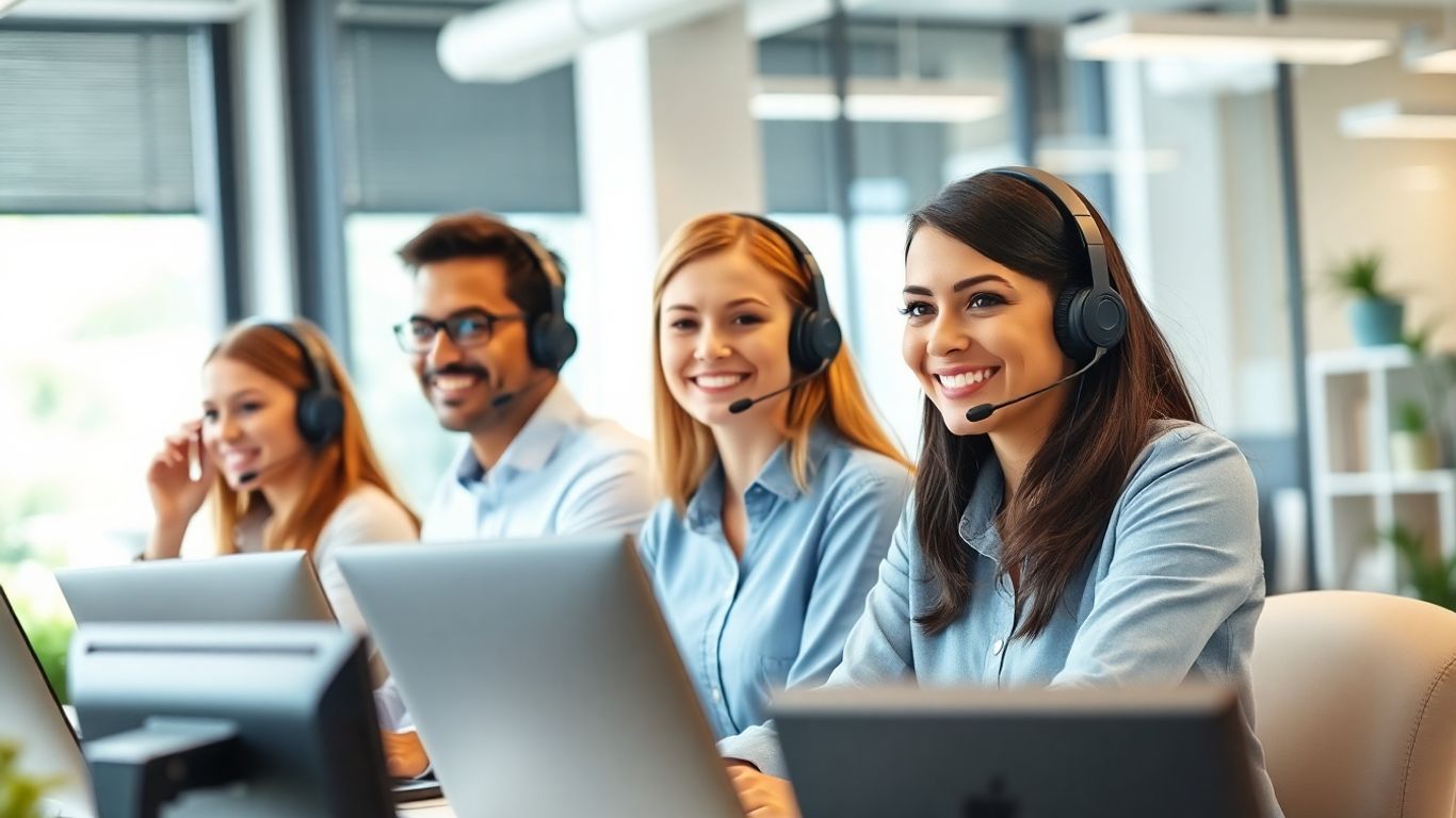 Customer service team with headsets in modern office