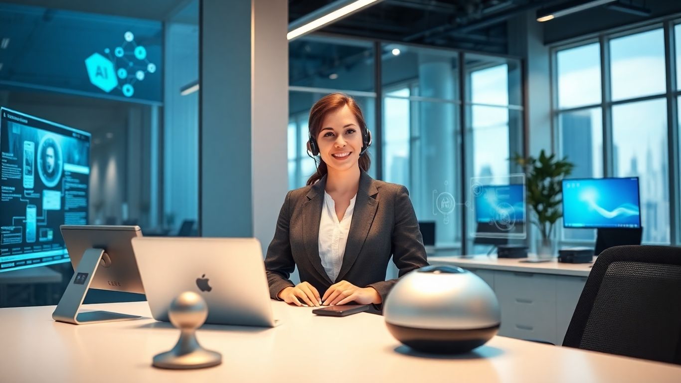 Receptionist using AI technology in a modern office