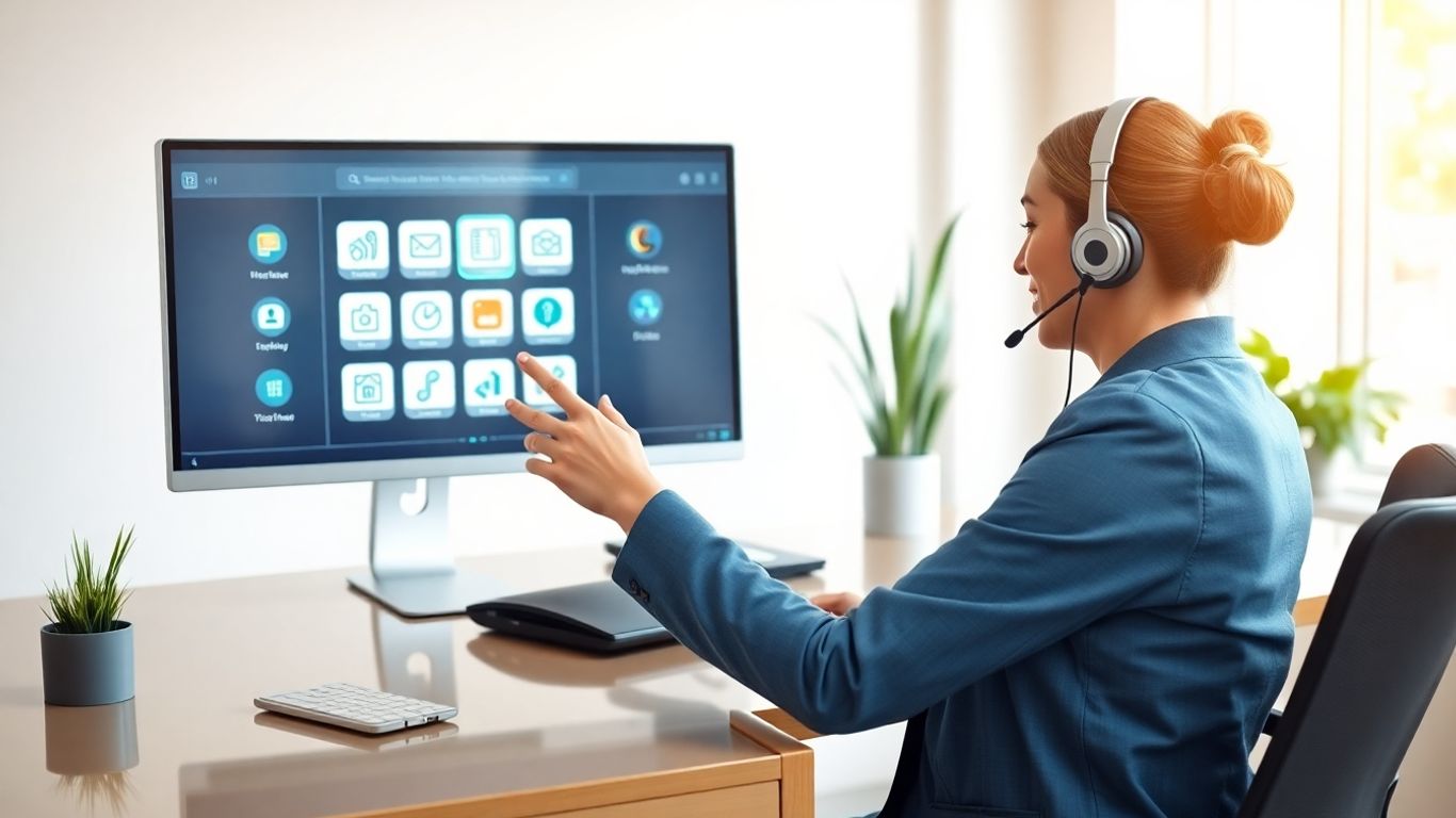 Virtual receptionist using integrated business tools at modern desk