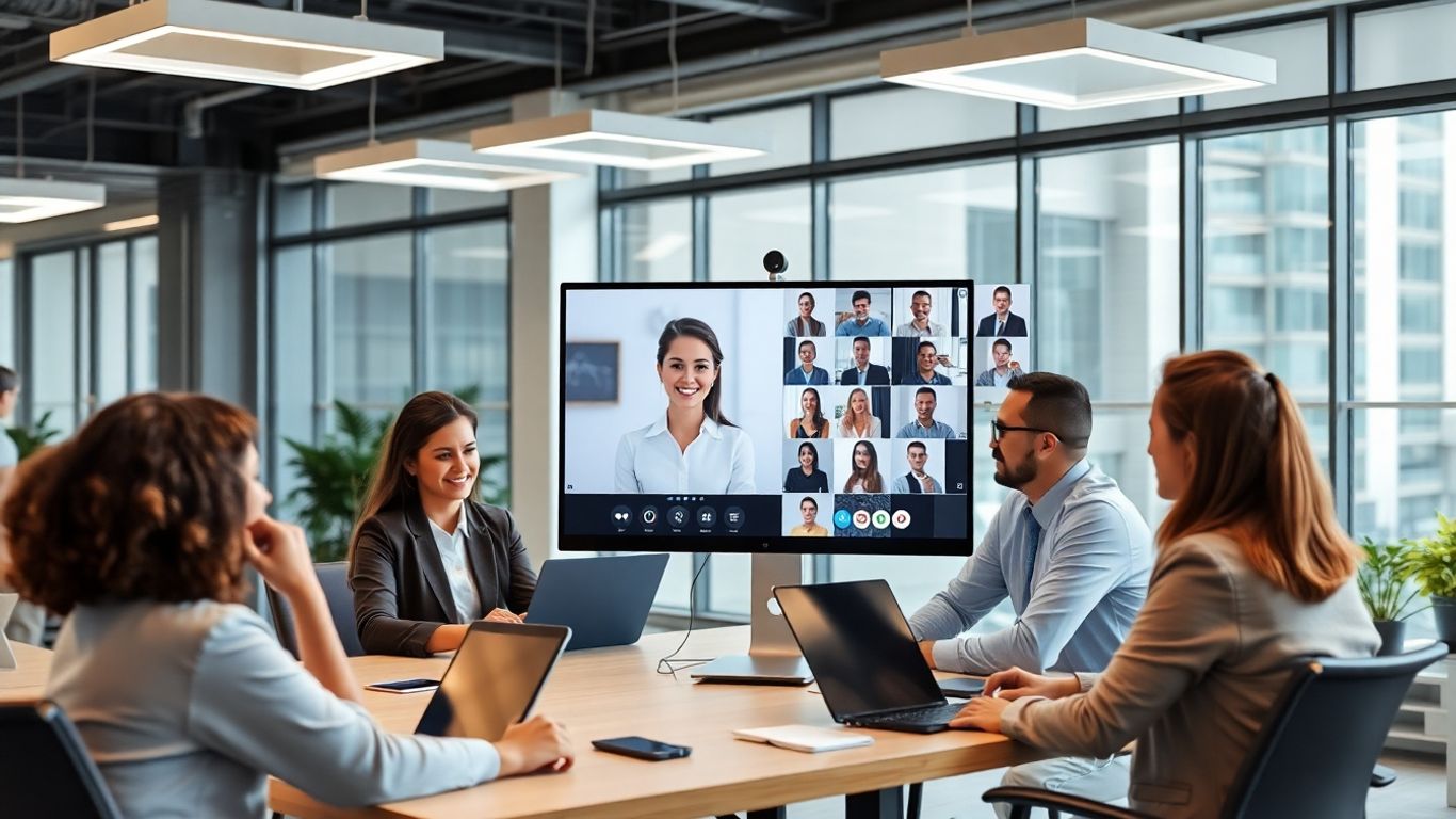 Virtual receptionist greeting business team via video call.