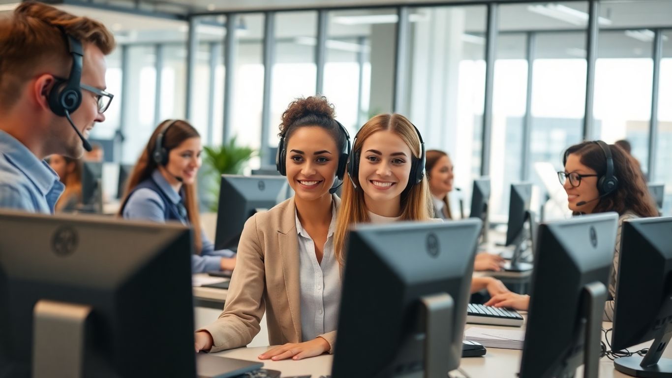 Modern call center with agents using headsets and computers.