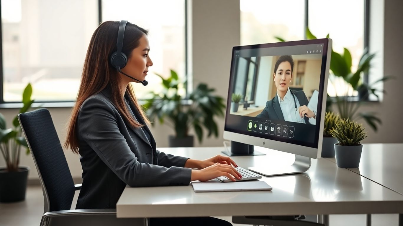 Virtual receptionist at modern desk with headset and computer