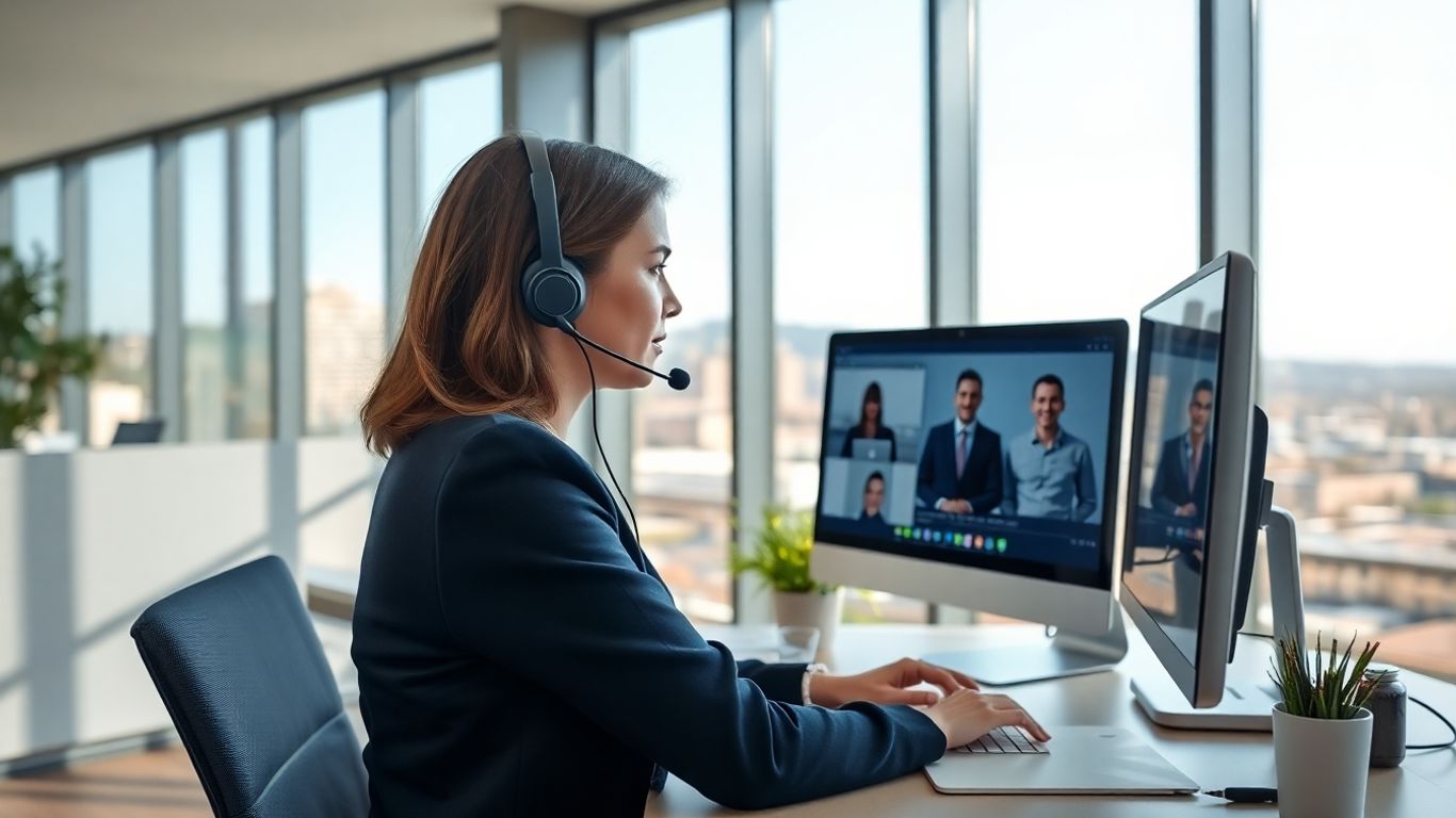 Virtual receptionist in office with Fort Worth skyline
