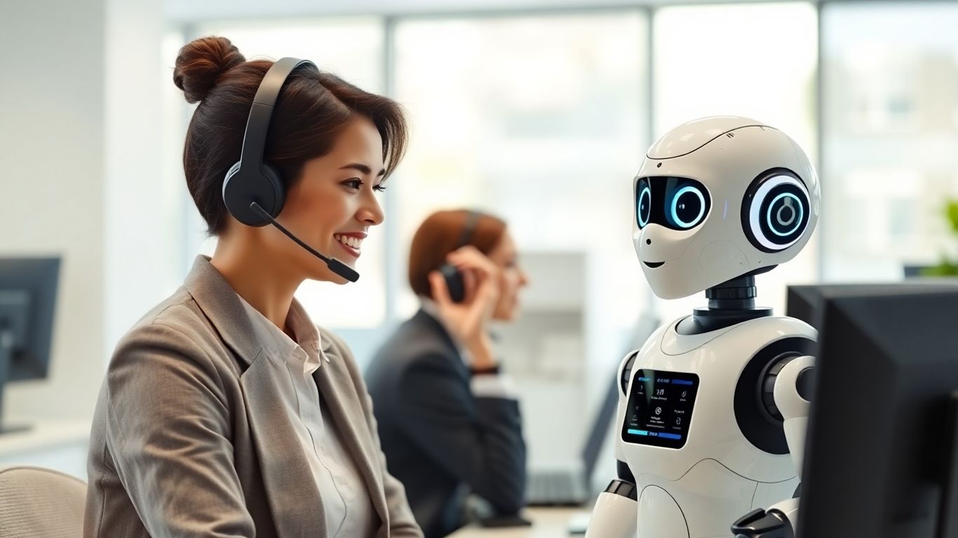AI robot and person collaborating in bright office