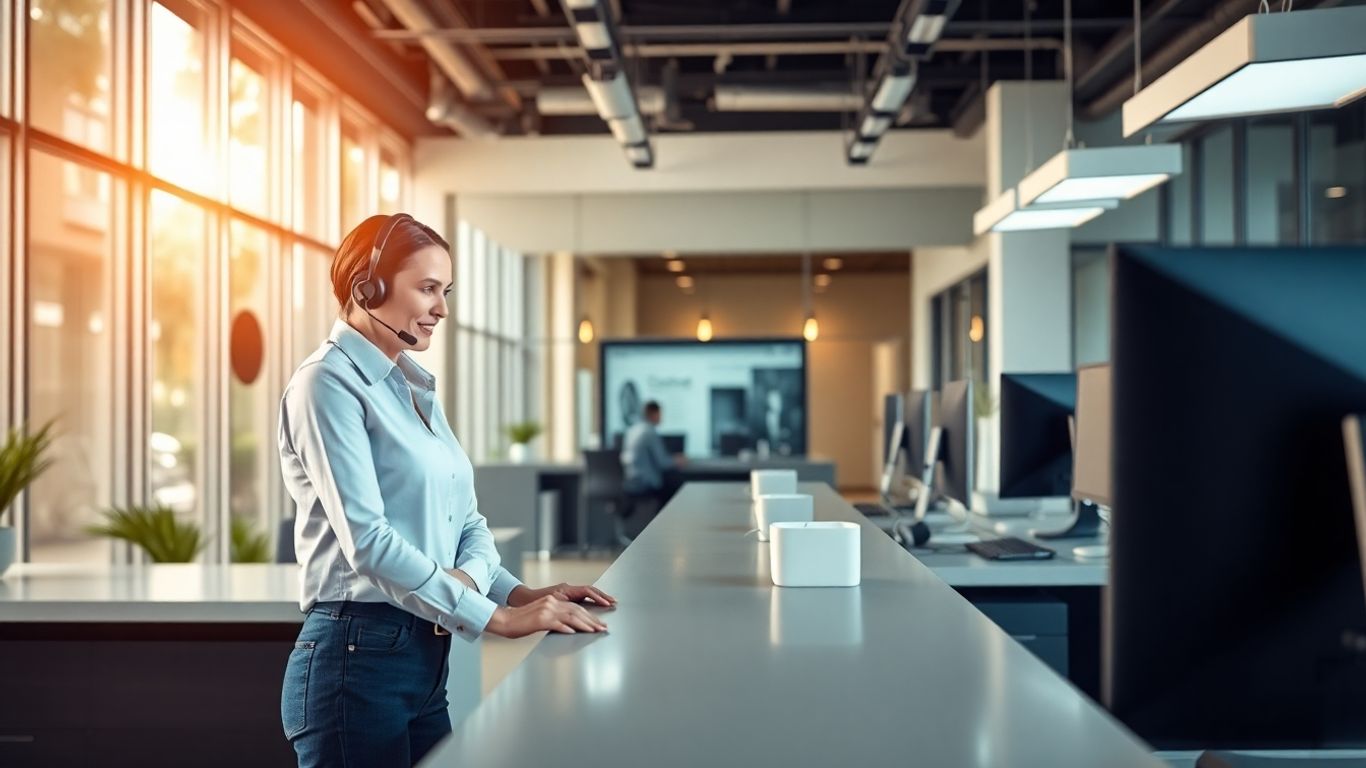 Virtual receptionist assisting Fremont business owner in office