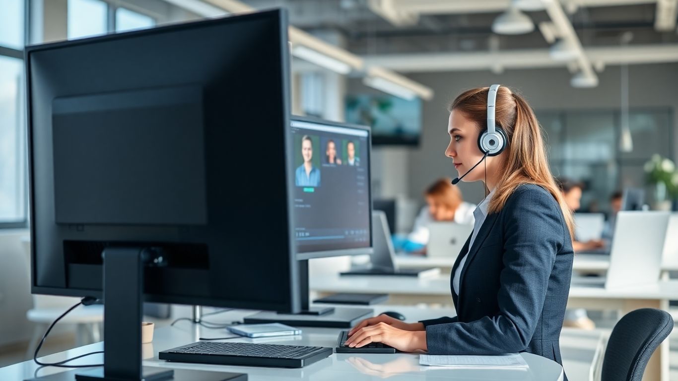 Virtual receptionist at work in a bright modern office.