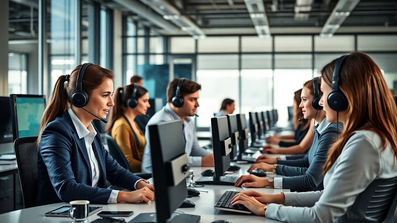 Professionals using headsets in a high-tech office