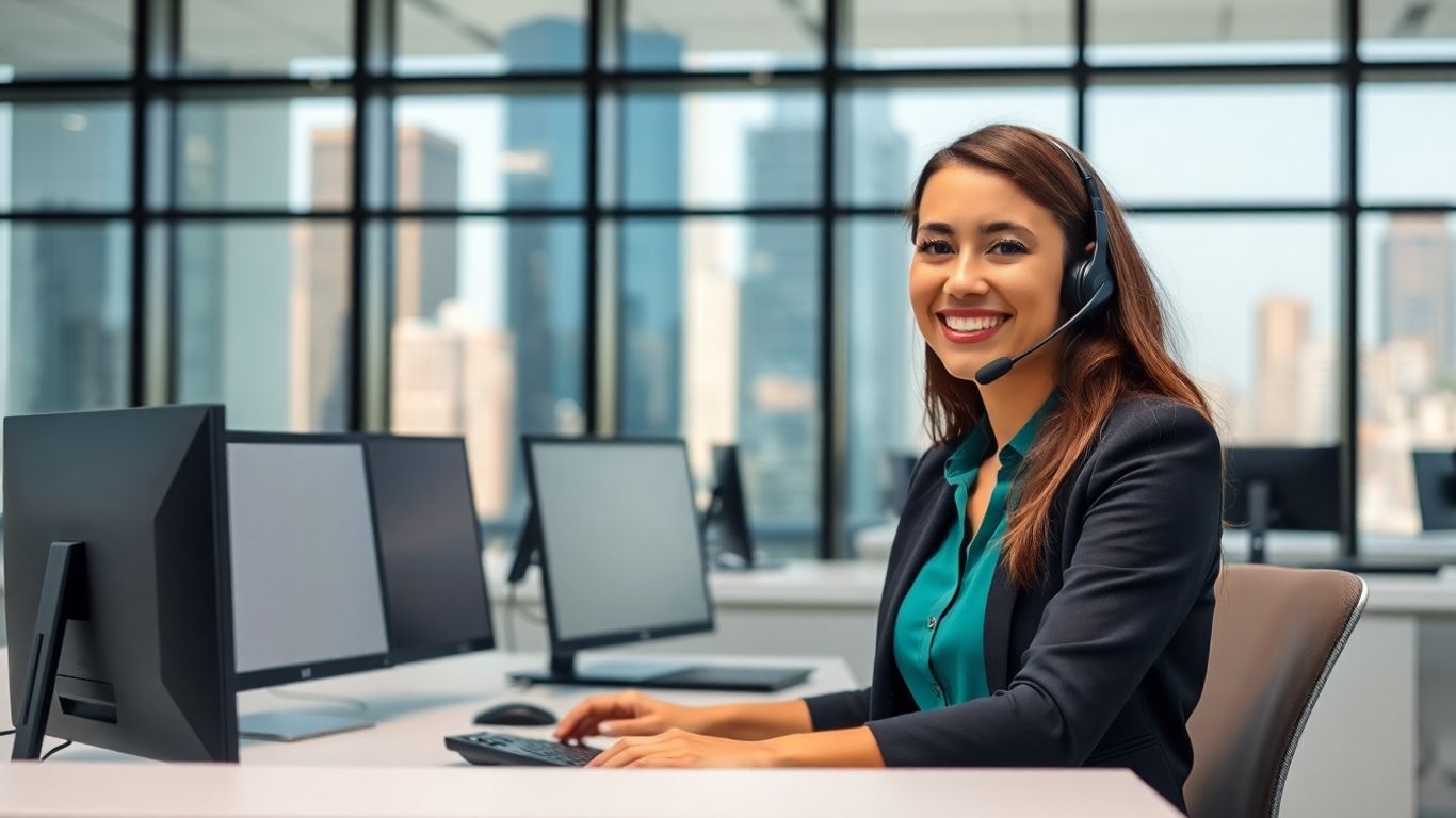 Receptionist answering calls in modern office environment