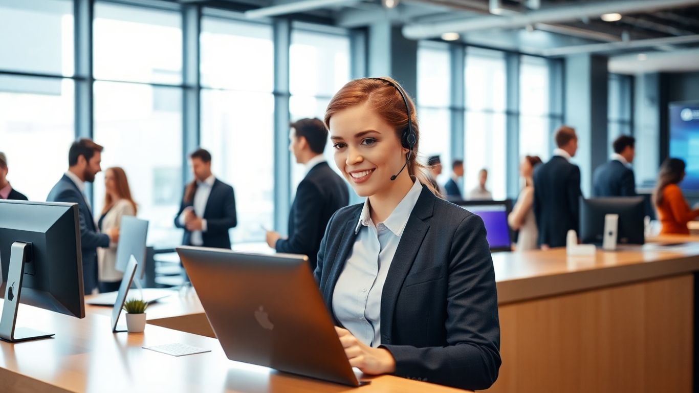 Receptionist managing calls in a modern digital office
