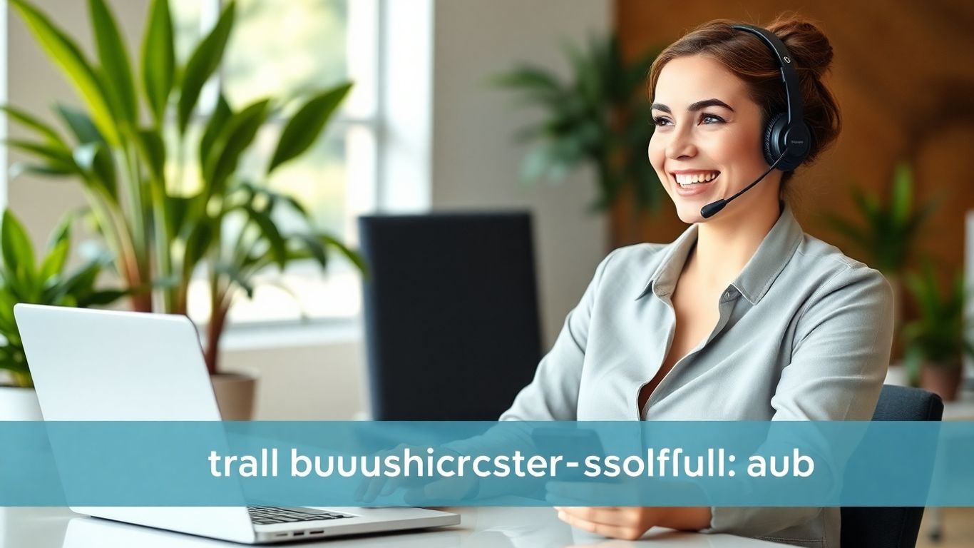 Professional receptionist with headset at bright modern office desk