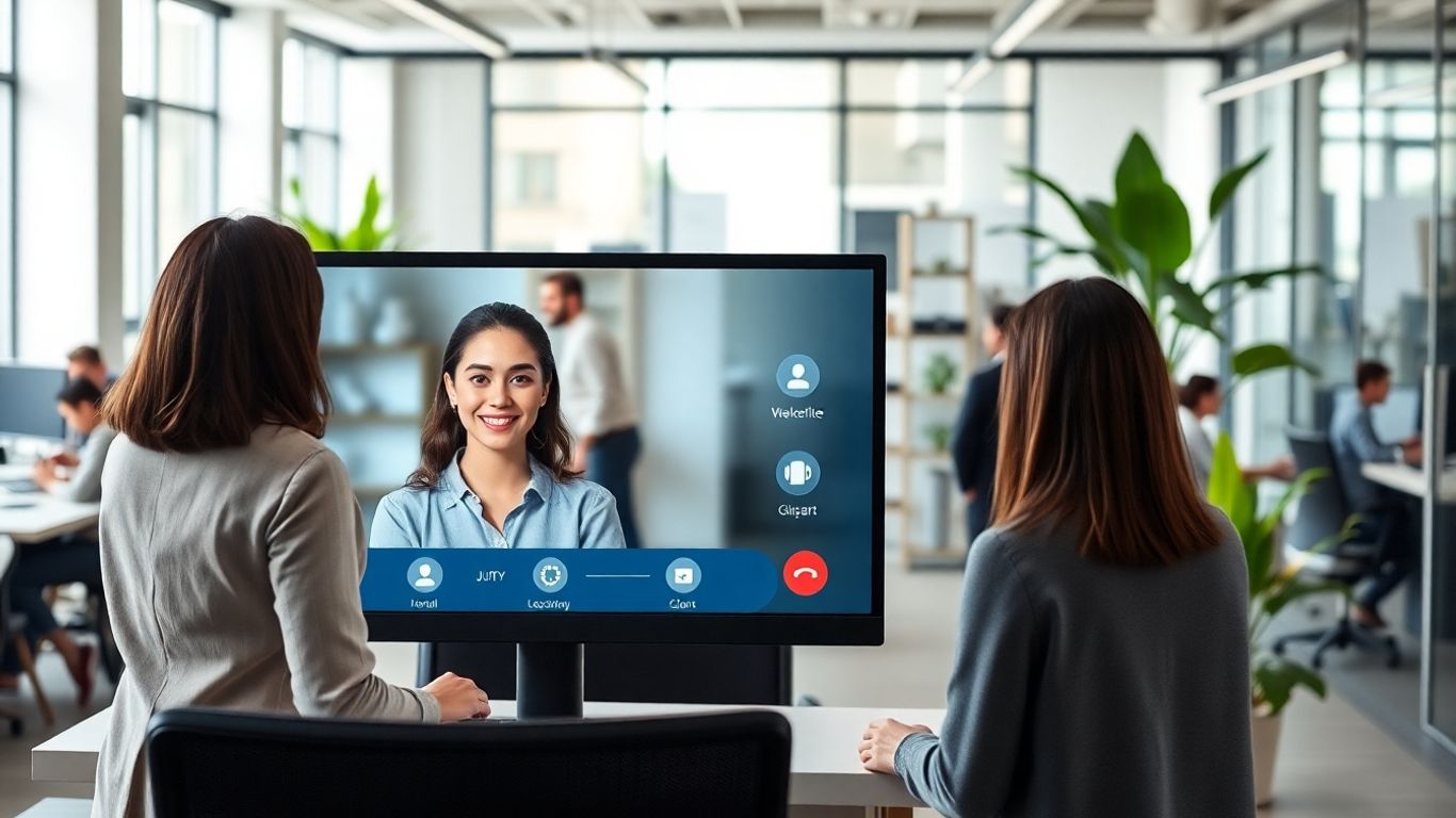 Virtual receptionist on screen in modern, collaborative office