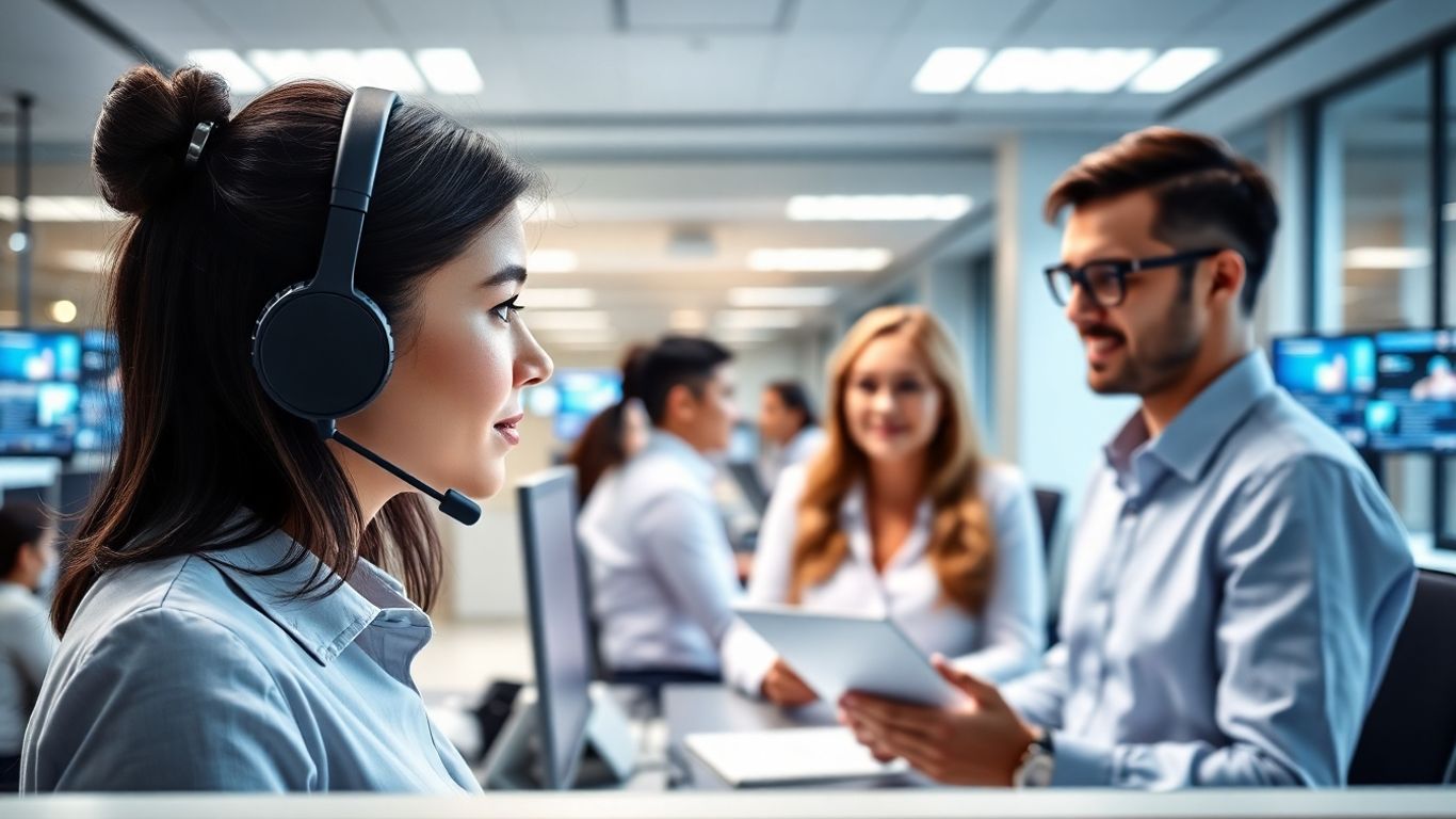 Virtual receptionist with headset in a modern office