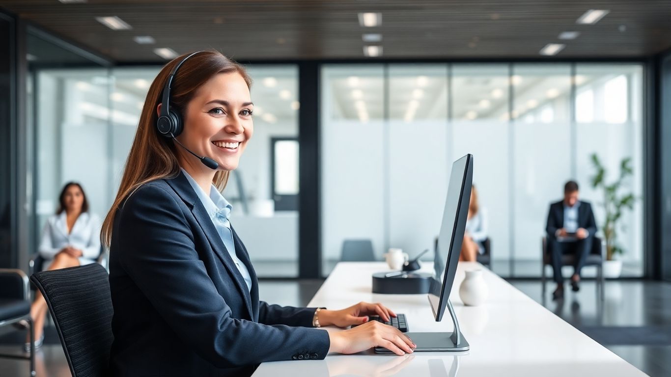 Virtual receptionist assisting diverse professionals at modern office.