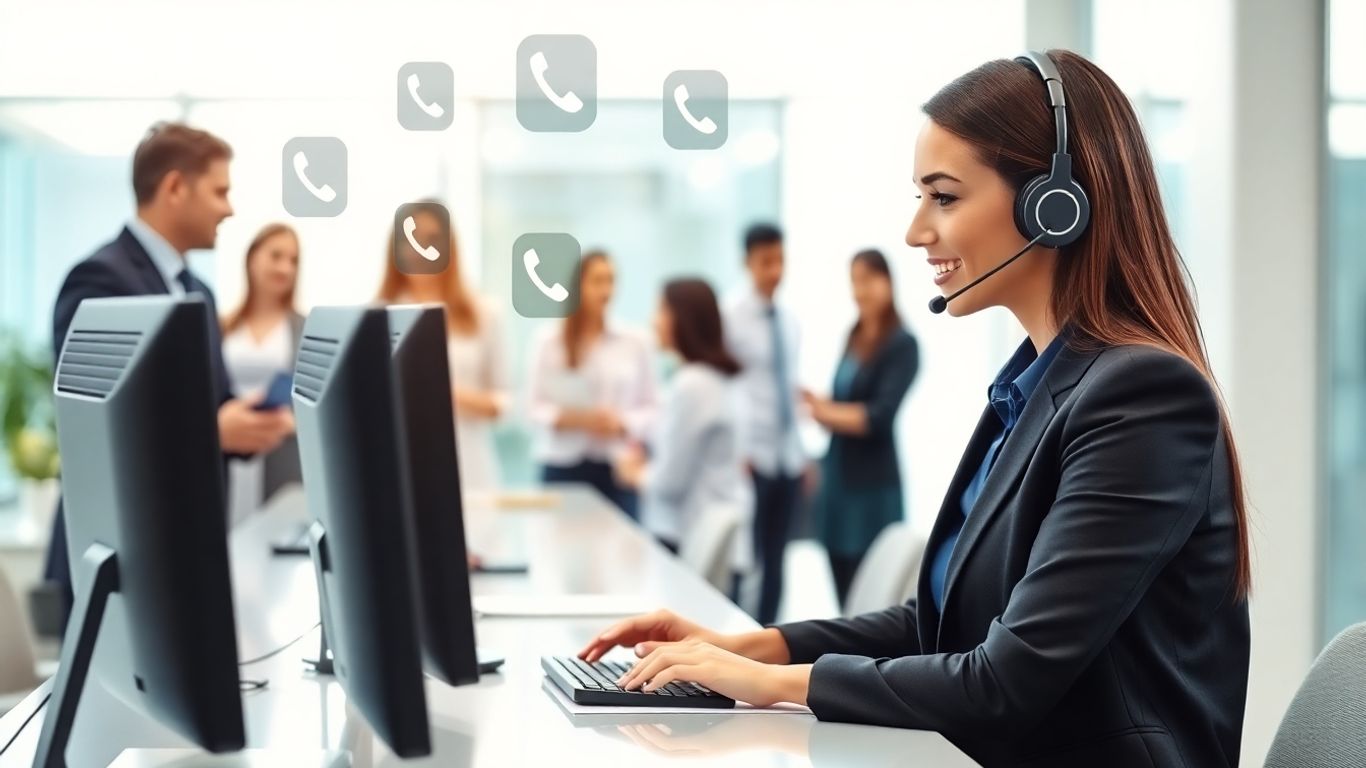 Receptionist handling multiple calls in a lively office environment