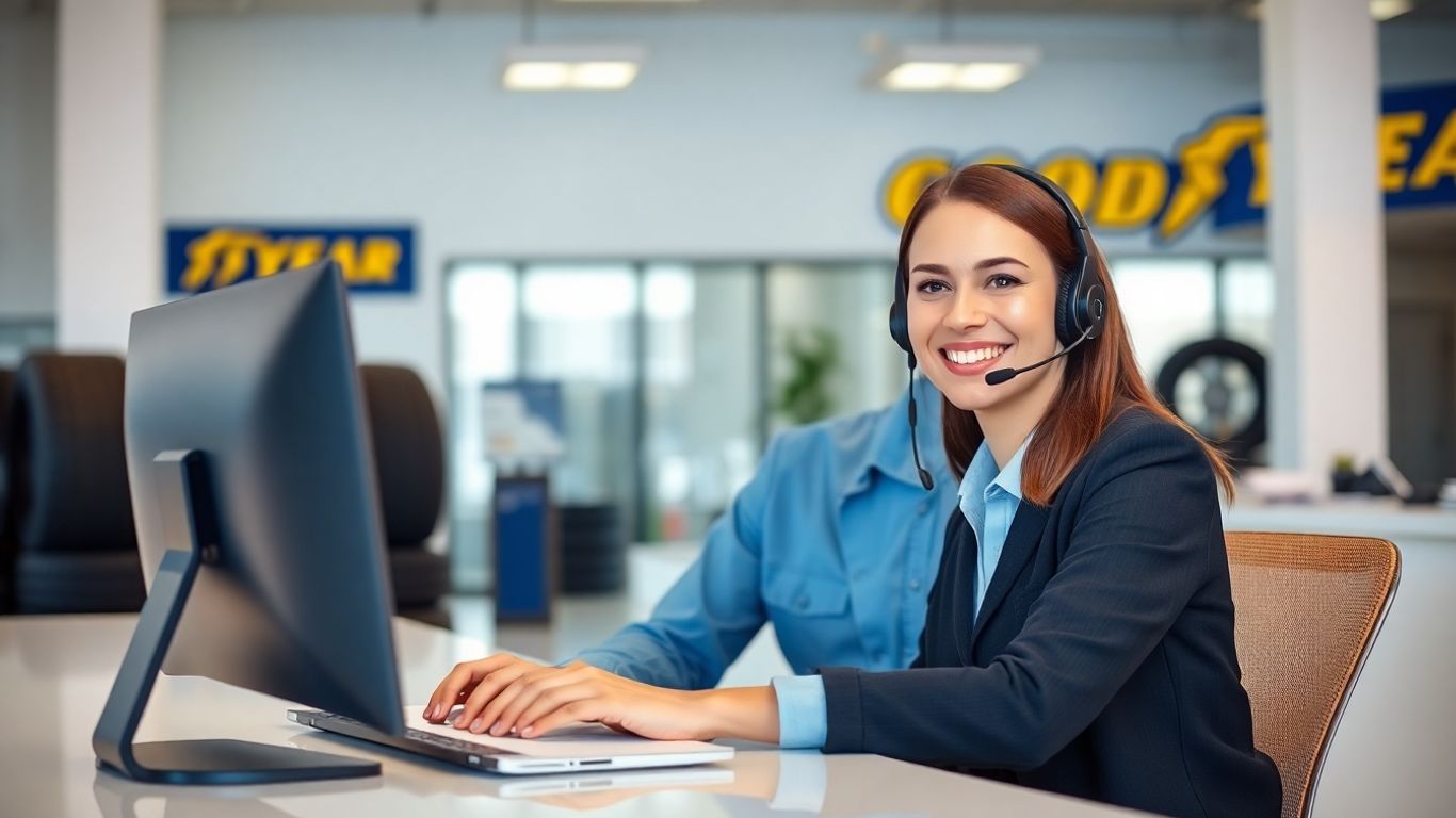 Customer support agent with headset in tire dealership office