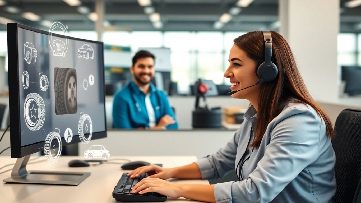 Call center agent assisting tire dealer via computer screen