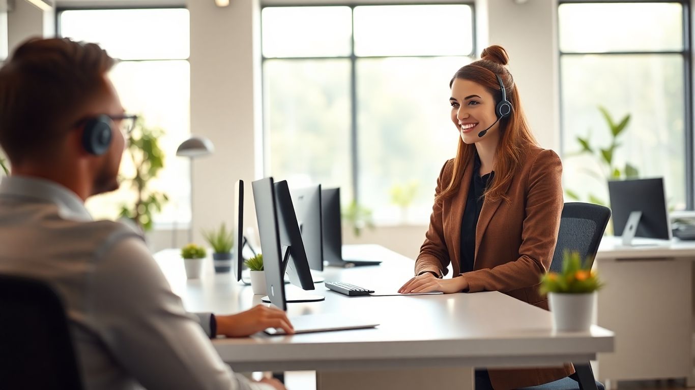 Virtual receptionist assisting businessperson in modern office