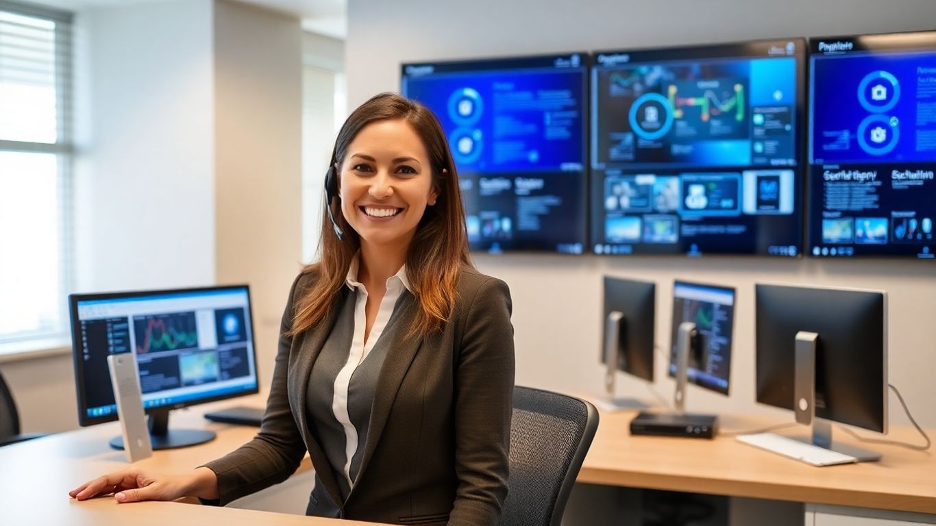 Receptionist with headset in modern Greensboro office environment