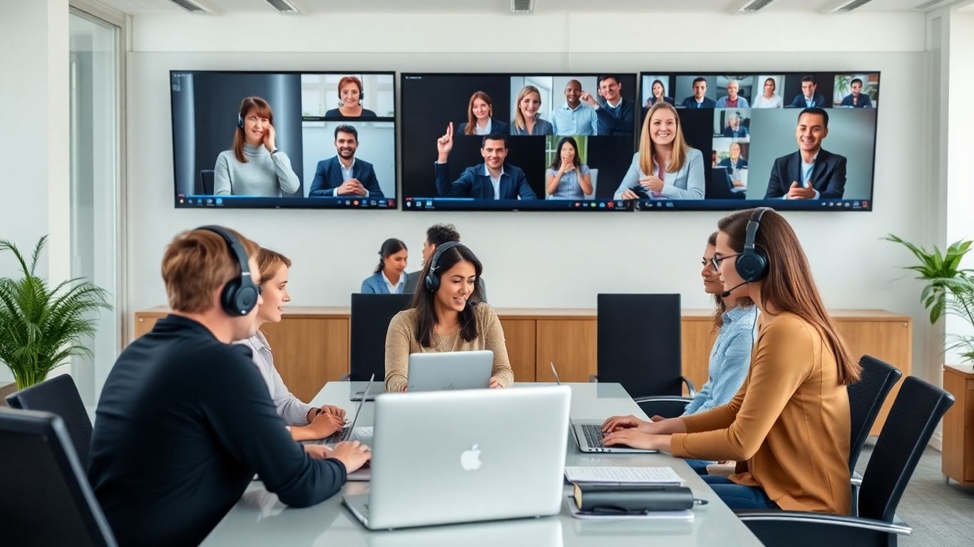 Professionals using laptops and headsets in hybrid work setup