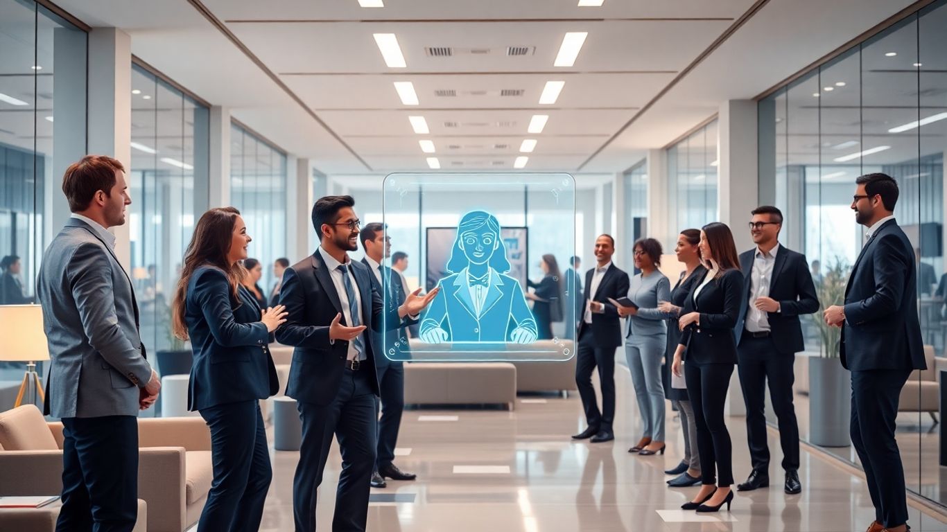 Virtual receptionist hologram greets professionals in office lobby